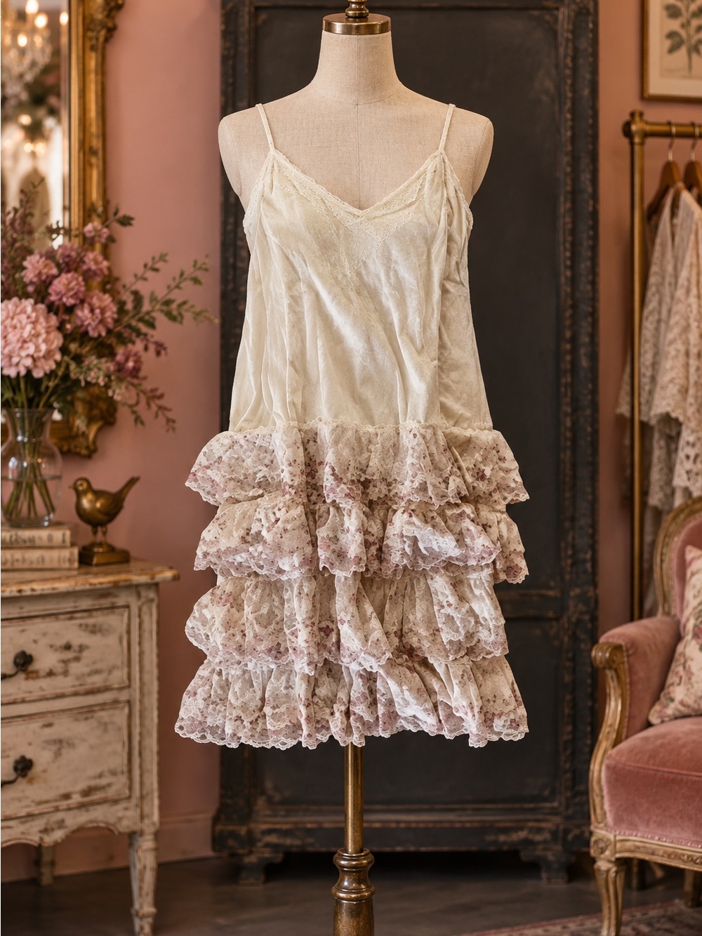 Rare Bird Shop Lace-Tiered Ivory Slip Dress with Floral Ruffle Hem NWT